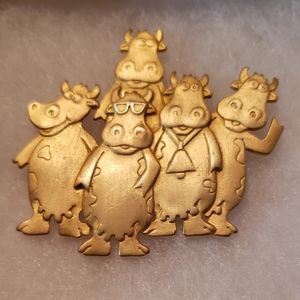 5 COOL Cows Gold Tone Brooch Pin Til the COWS Come Home  Signed by JJ